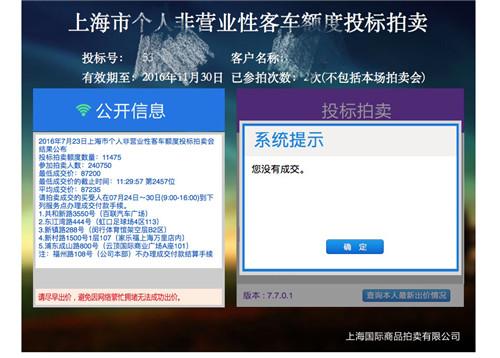 2016年7月滬牌拍賣最低成交價87200元 中標率4.8%